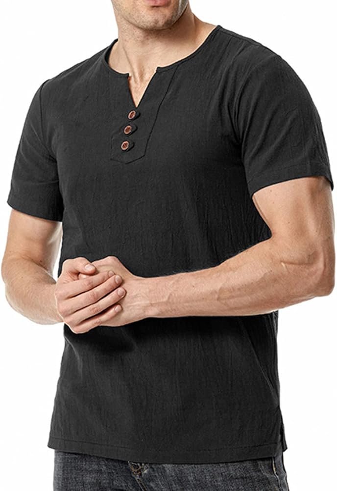 Dune Cart #6663 Men’s Black Henley Neck Cotton T-Shirt – Casual Slim Fit Tee